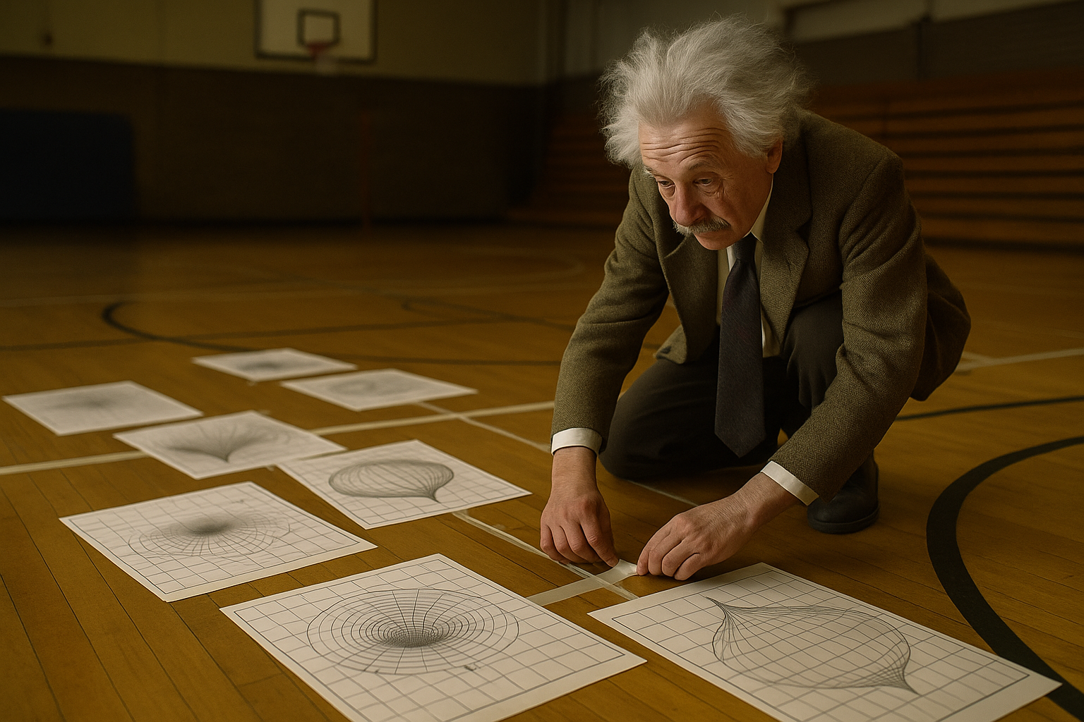 Physicist fallaciously taping together various papers and drawings into a single, flat, neverending Cartesian space.